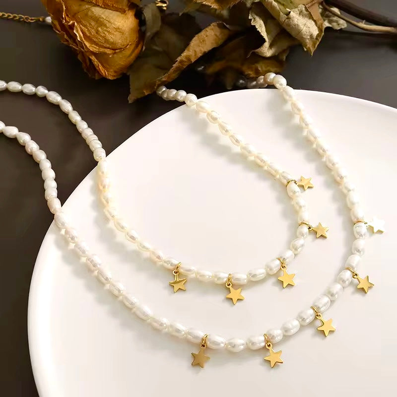 Pearl chokker star charm Necklace 18k Gold