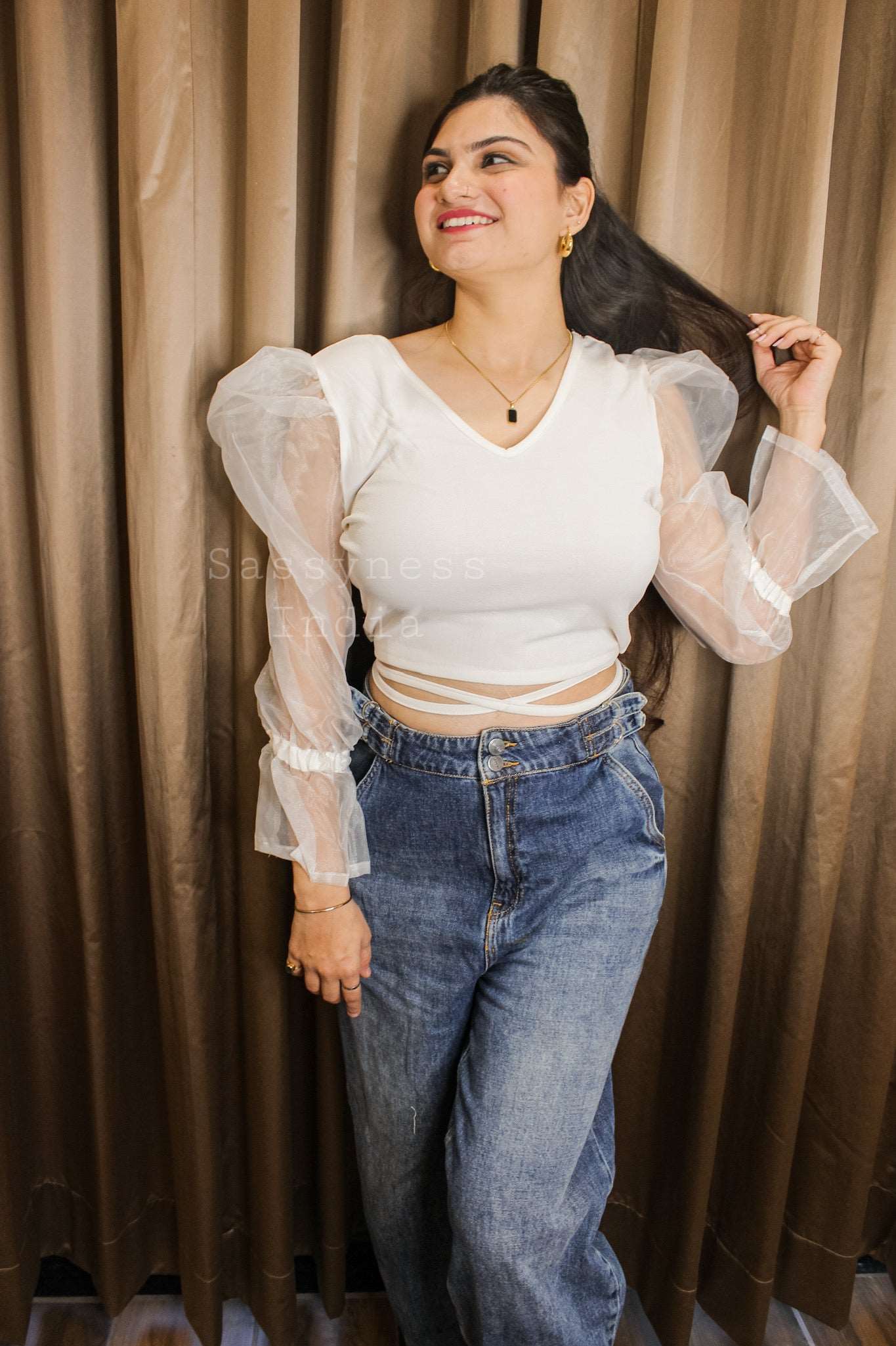 Rose Mary - organza sleeves waist knot crop top white