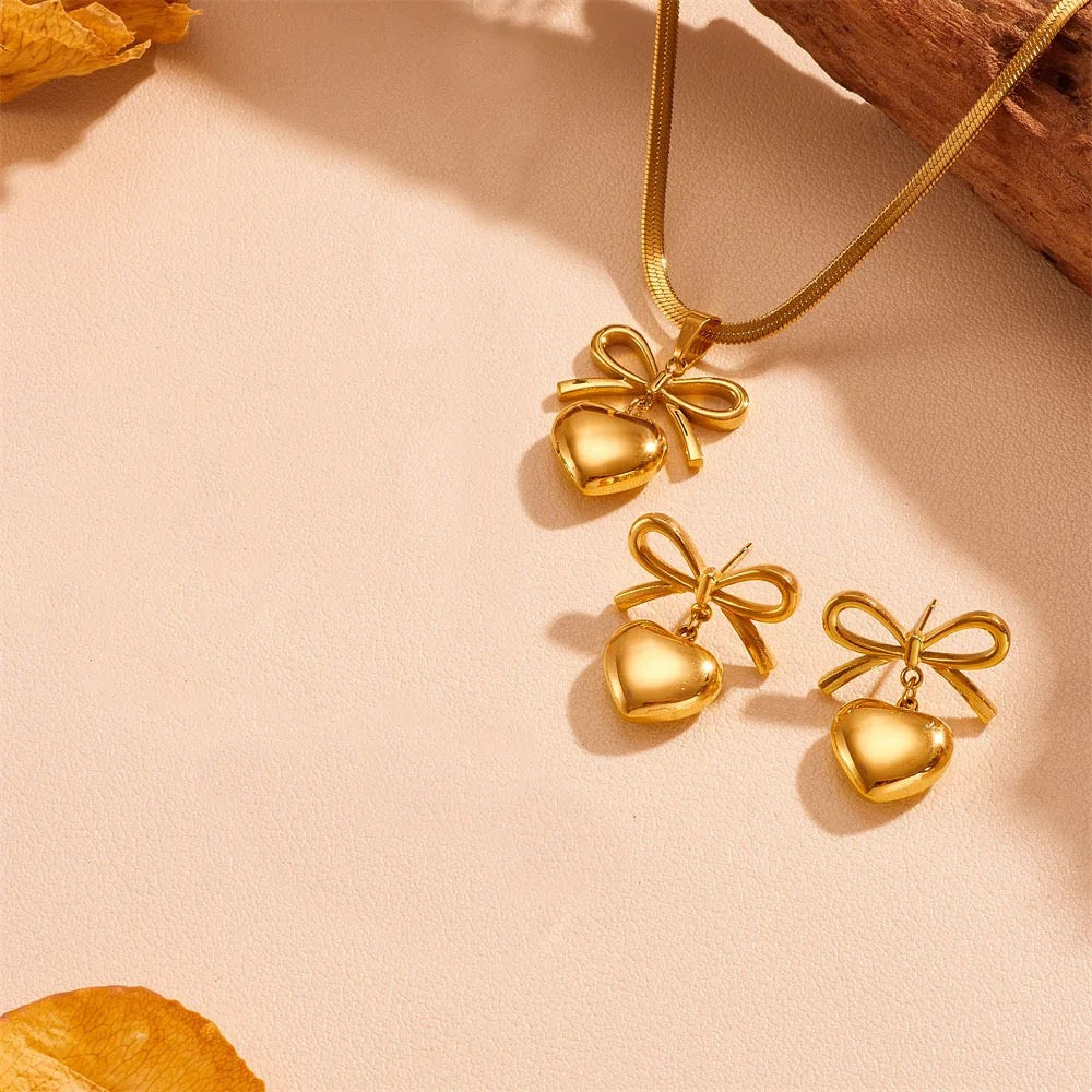 Bow heart Necklace Earrings Anti Tarnish Set