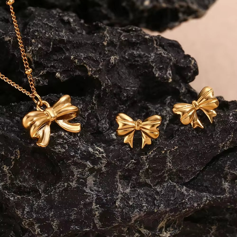 Mini bow necklace earrings set Anti Tarnish