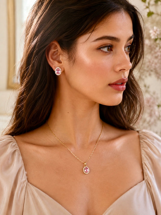 Daphne pink Necklace earrings set 18k Gold Anti Tarnish