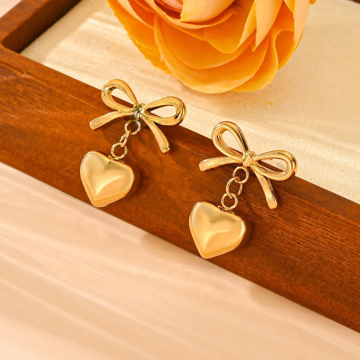 Bow heart Necklace Earrings Anti Tarnish Set