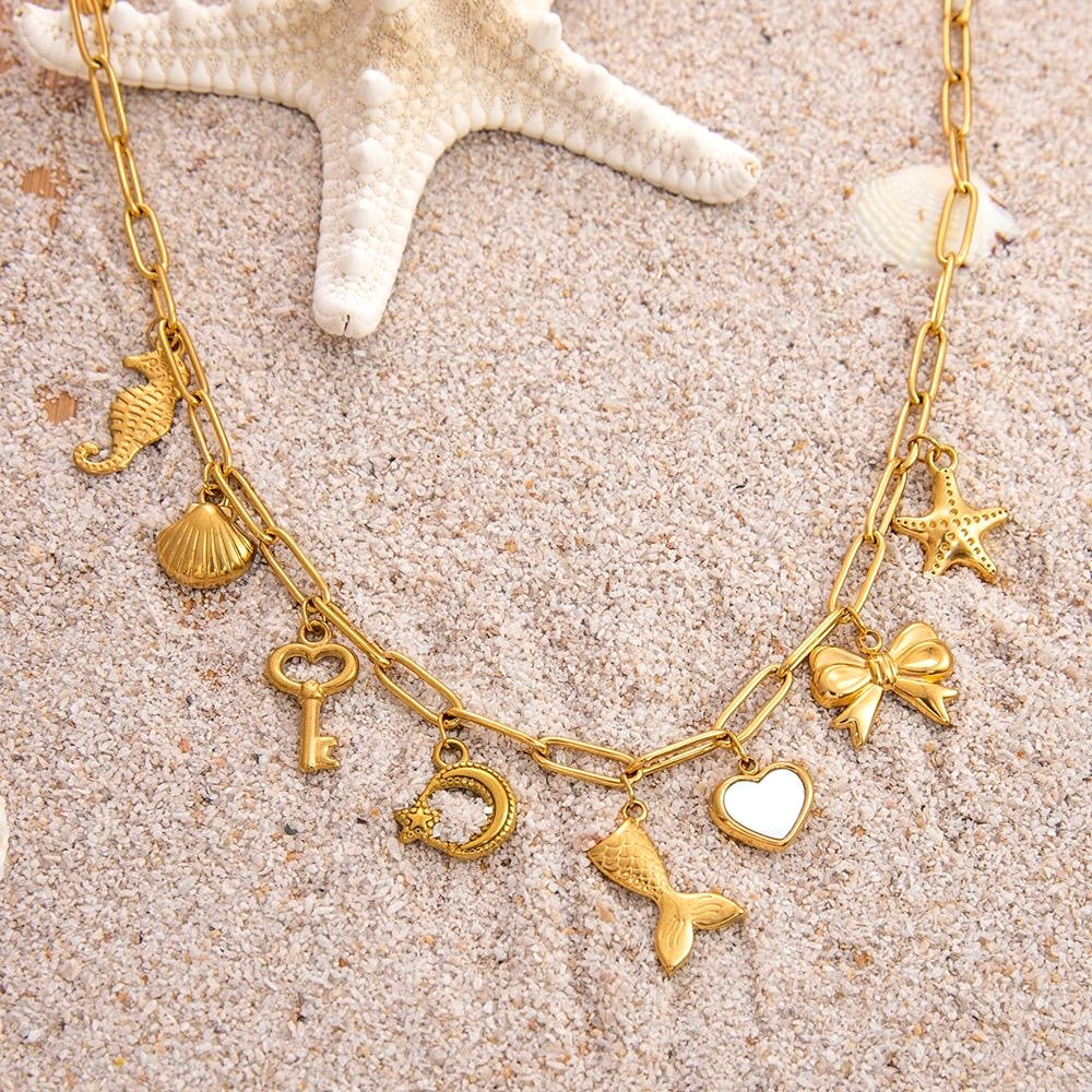 Bow shell 8 charms Necklace Anti Tarnish