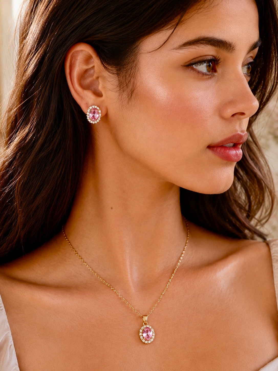 Daphne pink Necklace earrings set 18k Gold Anti Tarnish