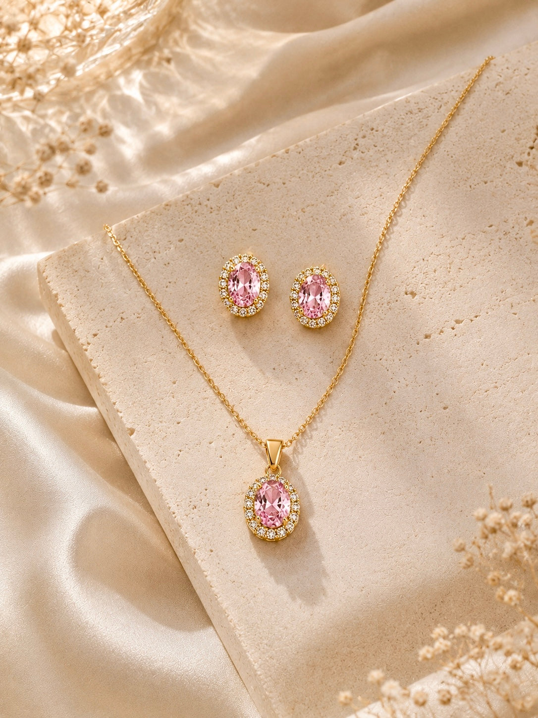 Daphne pink Necklace earrings set 18k Gold Anti Tarnish