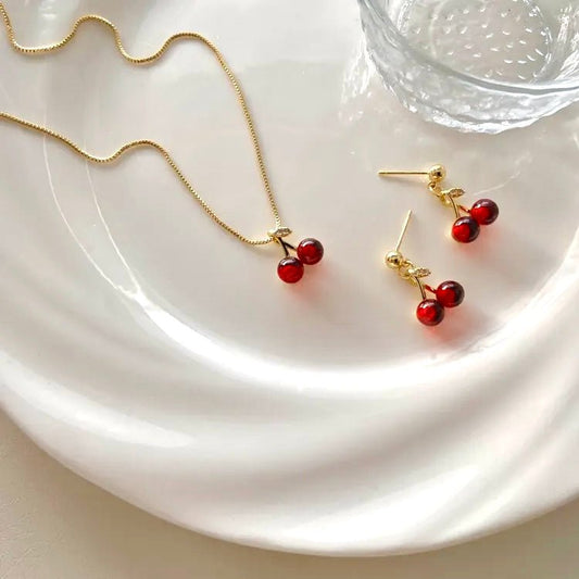 Chloe cherry necklace earrings set - Tarnish Proof 18k Gold - SASSYNESS