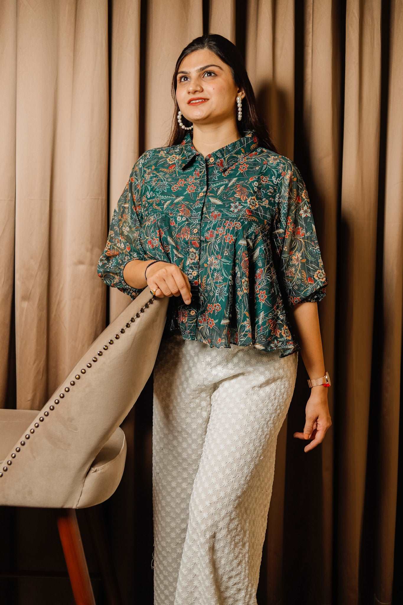 Chevron Printed Resham Embroidered Crop Top With Palazzo & Floral Angu –  FASHOR